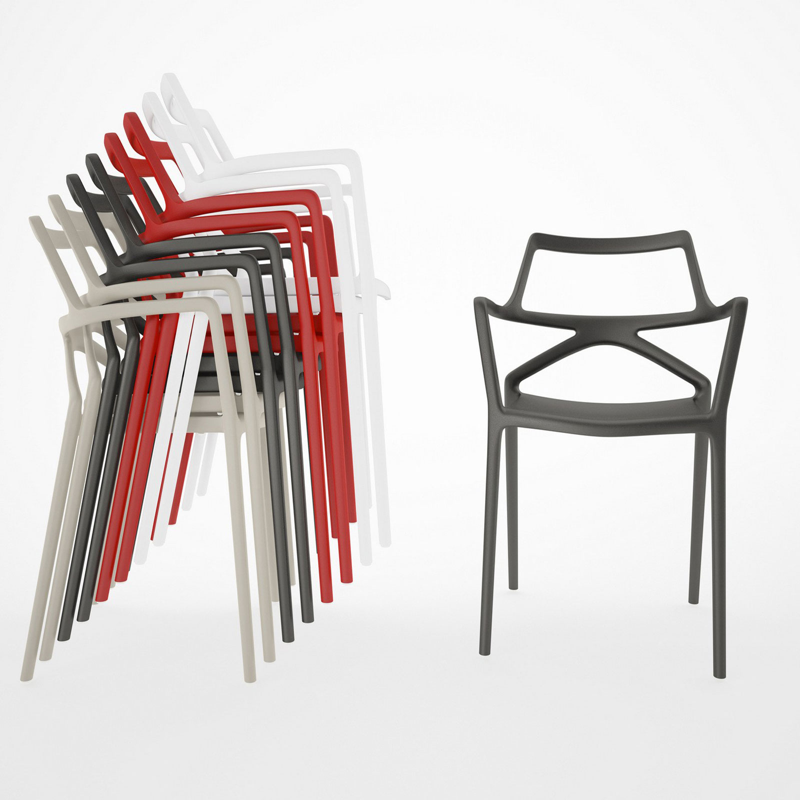 Delta dining chairs by Vondom stacked.