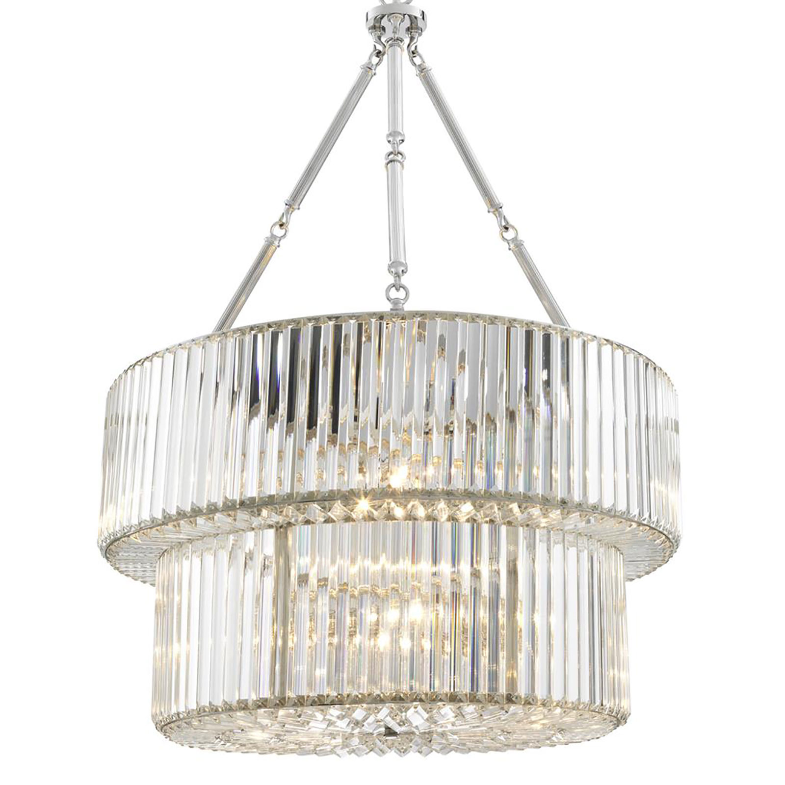 Chandelier Infinity Double by Eichholtz two-tiered drum-like pendant with decorative crystal glass rods and features a nickel finish