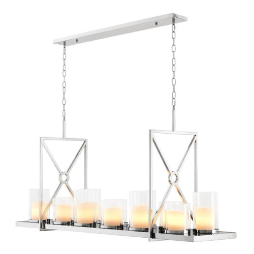 Chandelier Summit by Eichholtz comprises of 12 glass hurricane lanterns and 6 recessed LED downlights
