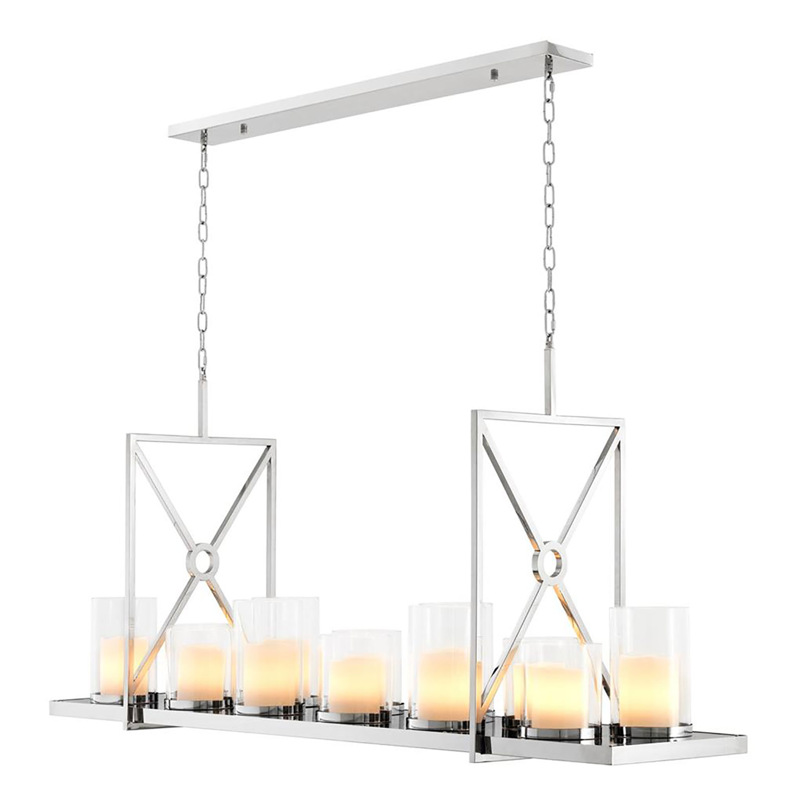 Chandelier Summit by Eichholtz comprises of 12 glass hurricane lanterns and 6 recessed LED downlights