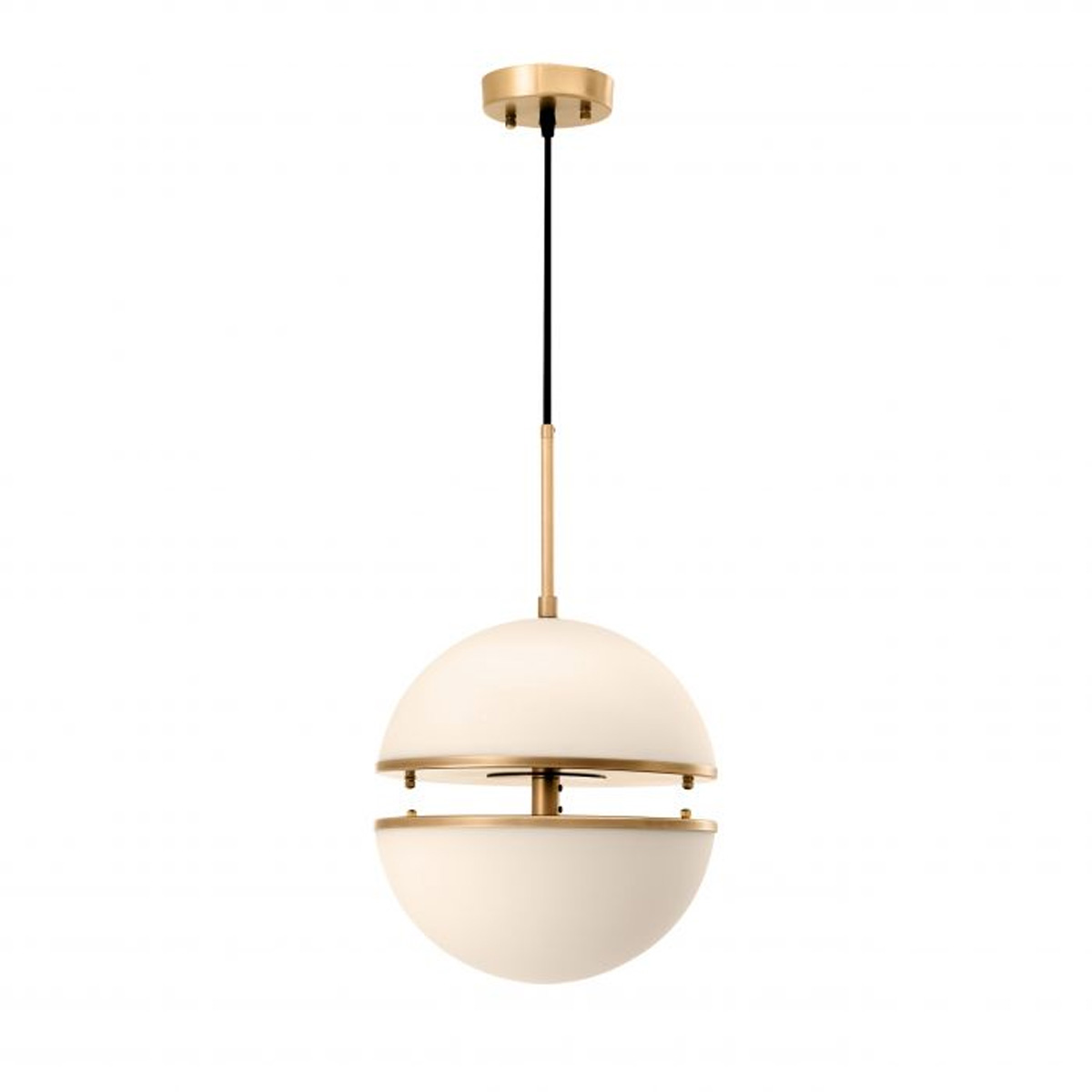 Single Hanging Lamp Spiridon by Eichholtz features antique brass finish and a lampshade formed by two half white glass spheres