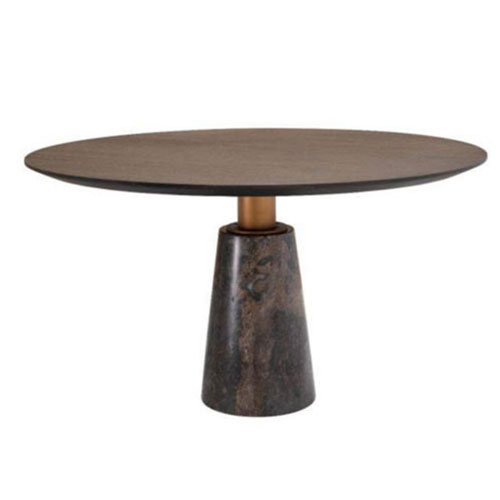 Designer Round Dining Table Genova by Eichholtz with mocha oak veneer table-top and grey marble and brushed brass base