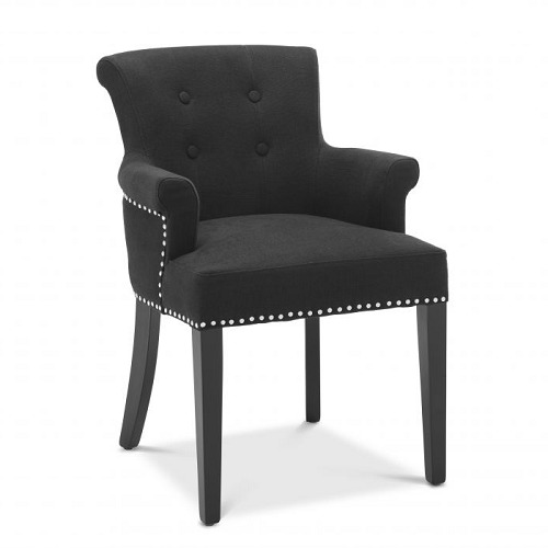 Dining Chair Key-largo with arms by Eichholtz in black cashmere with nickel finish hardware and black legs or off-white linen with natural legs and antique bronze nails