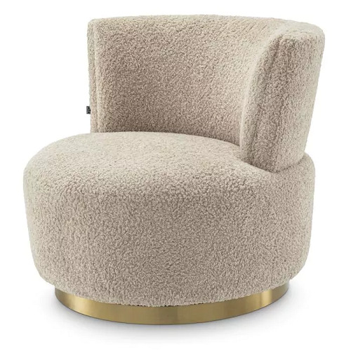 Designer Occasional Chair Alonso by eichholtz in canberra sand or bouclè cream fabric finish with a brushed brass finish swivel base