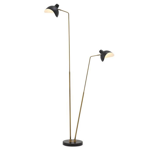Floor Lamp Asta Double by Eichholtz antique brass / black finish with black marble base. Shades and stems swivel