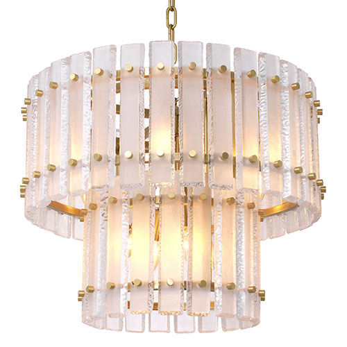 2 Tiered designer Chandelier Blason by Eichholtz. antique brass finish with frosted glass plates