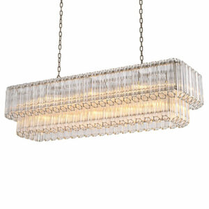 Chandelier Vittoria Rectangular pendant with ribbed and bevelled clear glass tubes. Nickel finish