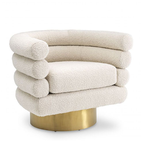 Designer Occasional Chair Maguire by Eichholtz in bouclè cream, cambon black or mademoiselle beige with a brushed brass finish swivel base