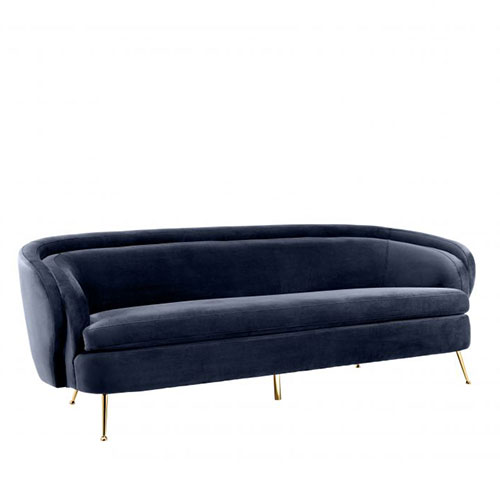 Designer luxurious Sofa Orion by Eichholtz in savona midnight blue velvet with brass finish legs. Features a double backrest