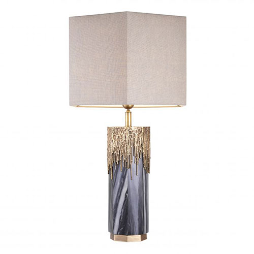 Table Lamp Miller by Eichholtz in vintage brass and grey marble finish with linen mix hexagonal lampshade