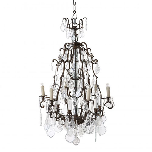 French Boudoir Chandelier Luster Chateau De Wideville antique brass finish with sparkling clear glass droplets and 6 candle-shaped fittings