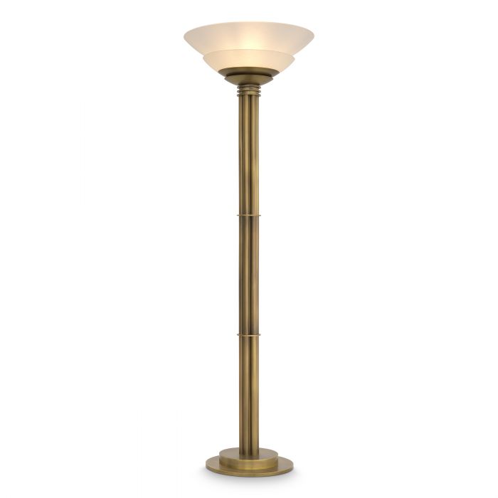 Floor Lamp Figaro by Eichholtz antique brass finish with 2 bowl-shaped shades of white glass