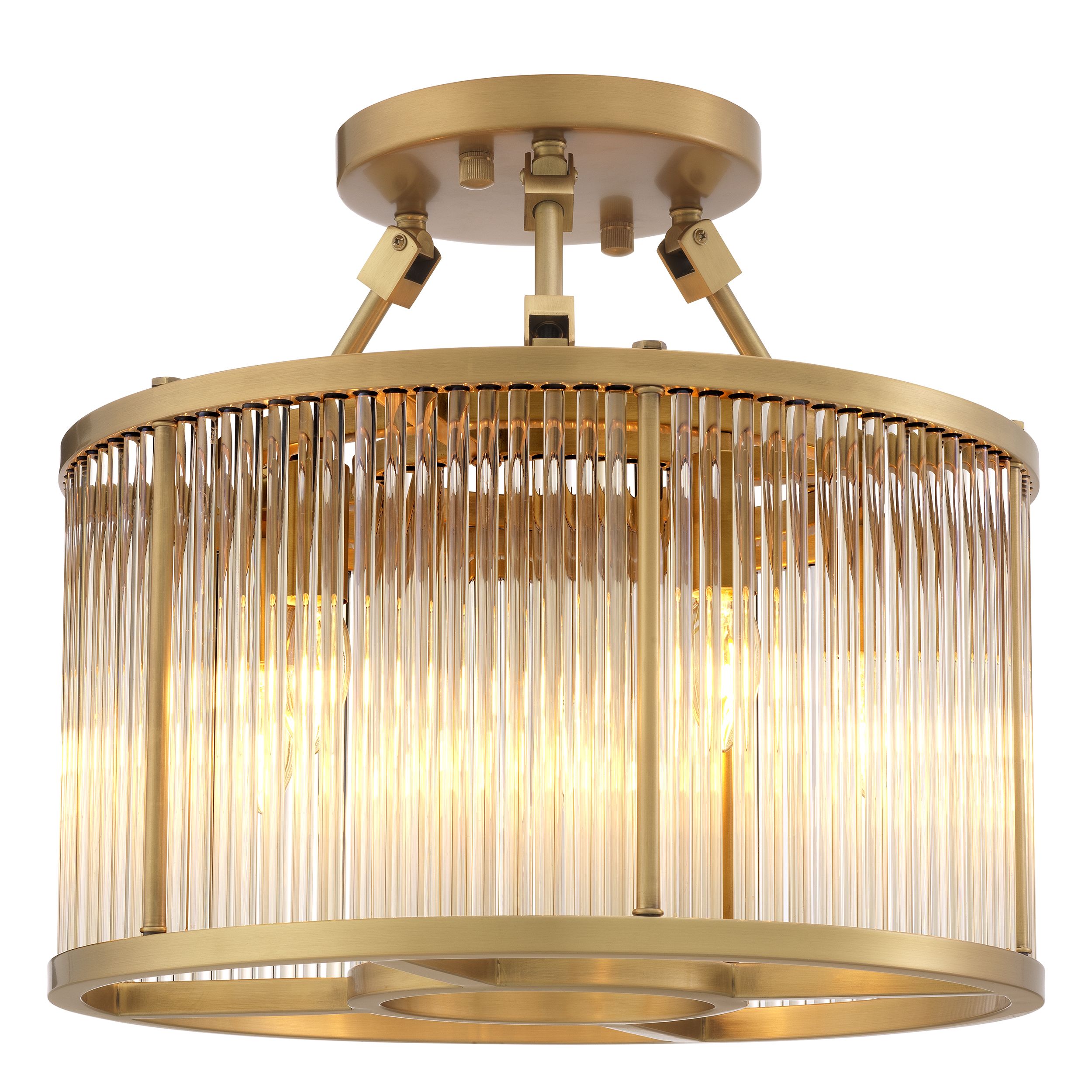 Designer Bernardi Ceiling Lamp by Eichholtz. A tier of glass rods in a drum-shaped lampshade. Antique brass finish or Bronze highlight finish