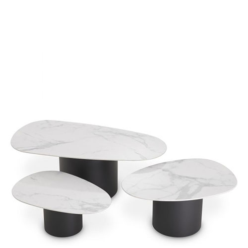 Designer Coffee Table Zane White Ceramic Marble set of 3 by Eichholtz with black finish and ceramic marble look. Table vary in height