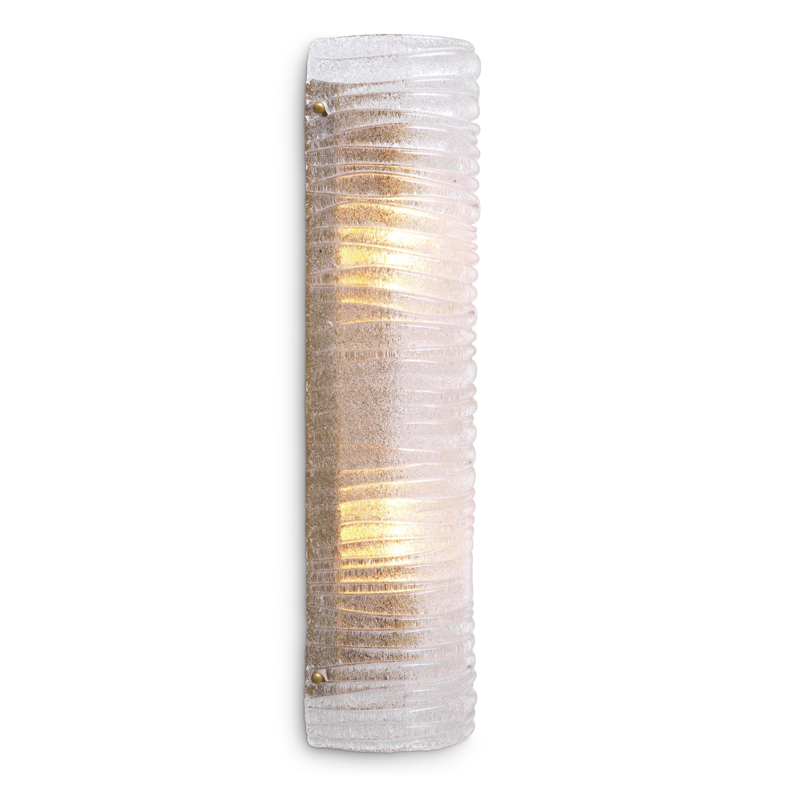 Wall Lamp Sanchez by Eichholtz in a vintage brass finish and a semi-circular shade of ribbed hand blown clear glass