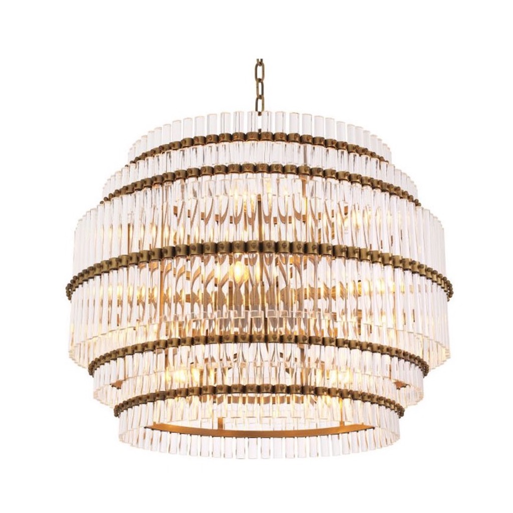 Designer 5 tier Chandelier Scottsdale by Eichholtz Antique brass finish with clear glass tubes.