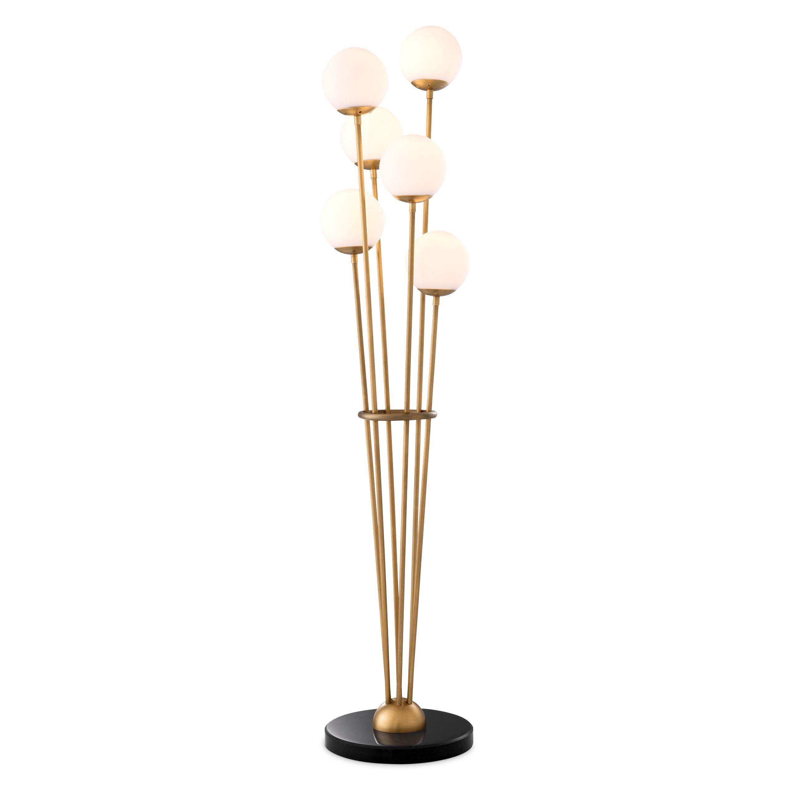 Floor Lamp Tortora by Eichholtz in antique brass finish with six white glass globes and black marble base