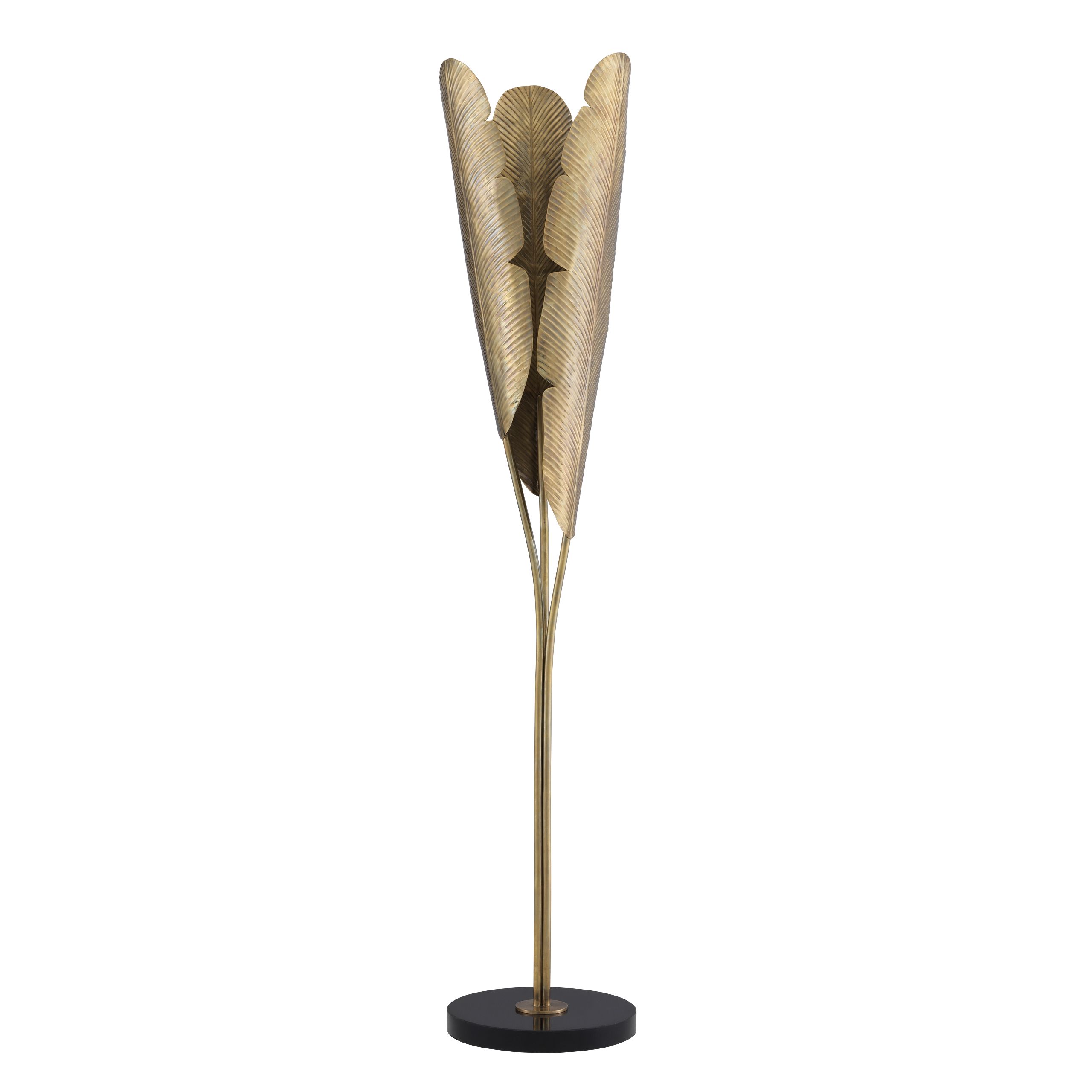 Floor Lamp Plantain by Eichholtz with shades in the form of banana leaves in vintage brass finish and black granite base