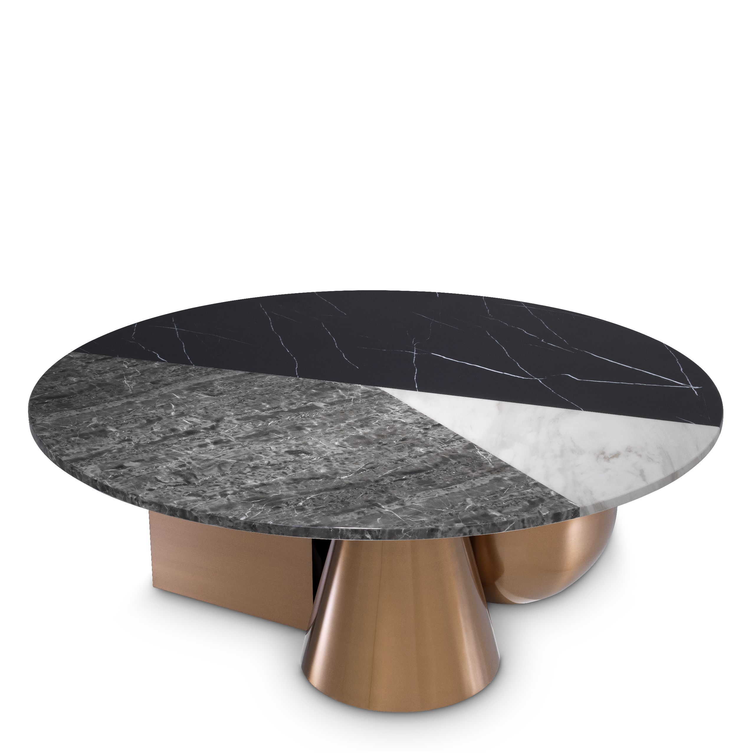 Designer Coffee Table Tricolor by Eichholtz in brushed copper finish with faux marble top. Cube, ball and cone structure base with a round 3 different color marble table-top