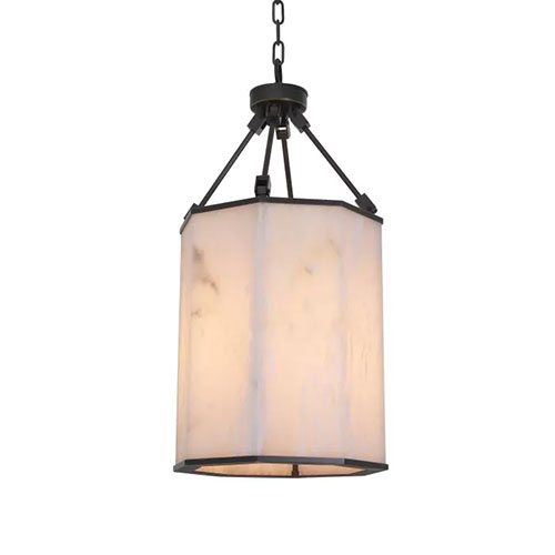 Octagon shaped lantern style ceiling pendant in bronze highlight finish alabaster panels Lantern Victoire S by Eichholtz