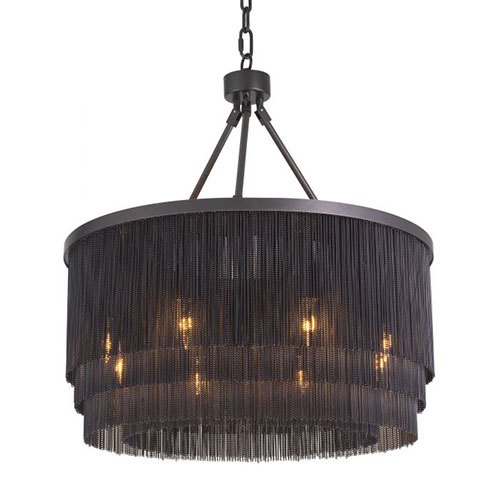Glamourous Tissot Chandelier in Bronze highlight or antique brass finish with 4 rows of thin chains handing in a circular shape