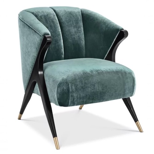 Designer Occasional Chair Pavone by Eichholtz in aegean green, bouclè cream or mirage off-white fabric with black and brass finish legs