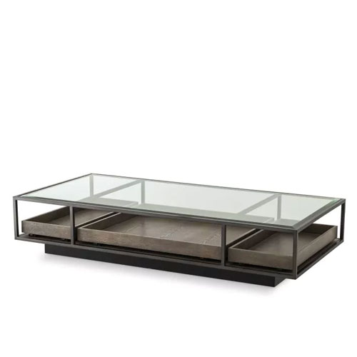 Designer rectangular Coffee Table Roxton by Eichholtz in bronze finish and grey veneer with clear glass. Features 3 grey veneer pull-out drawers on rails