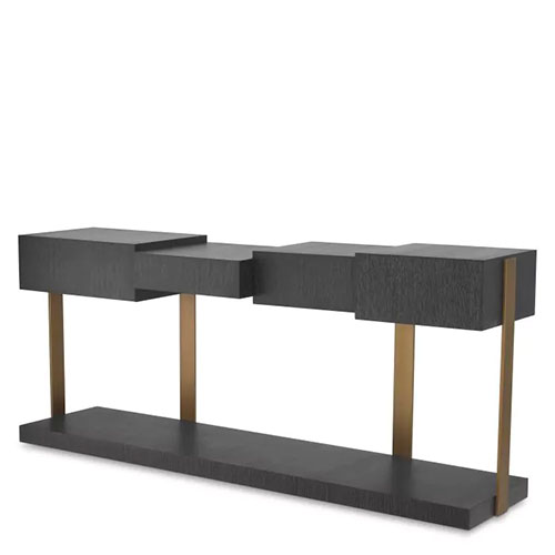 Designer Console Table Nerone by Eichholtz in charcoal grey oak veneer and brushed brass finish