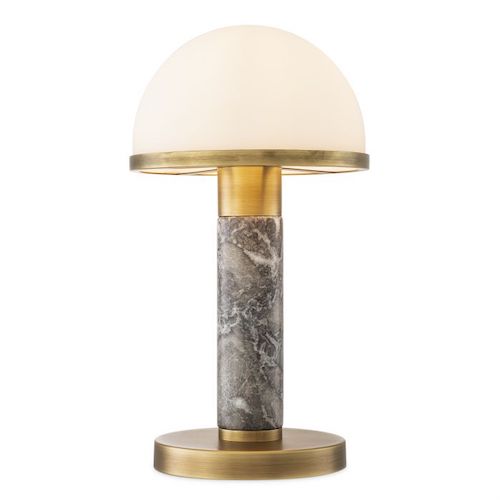 Table Lamp Ziegel by Eichholtz in antique brass and grey marble finish with white glass dome lampshade