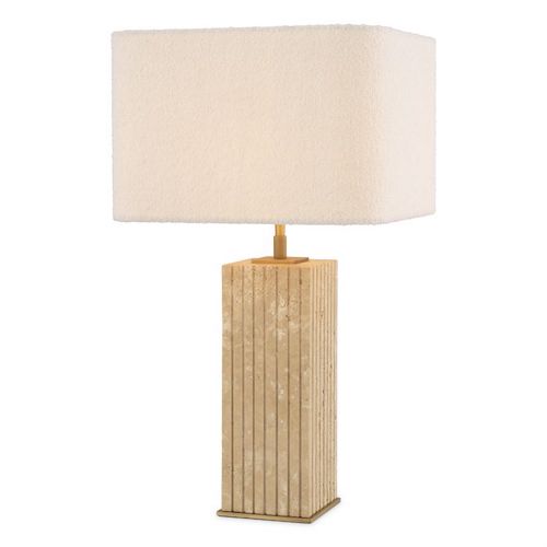 Table Lamp Giova Square by Eichholtz in travertine and antique brass finish with boucle lampshade