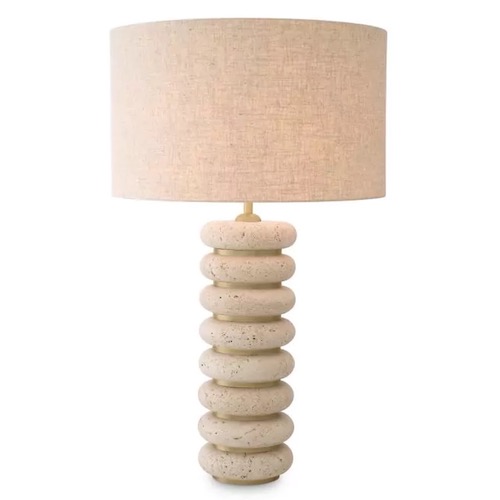 Table Lamp Baron by Eichholtz in travertine and antique brass finish with linen mix lampshade