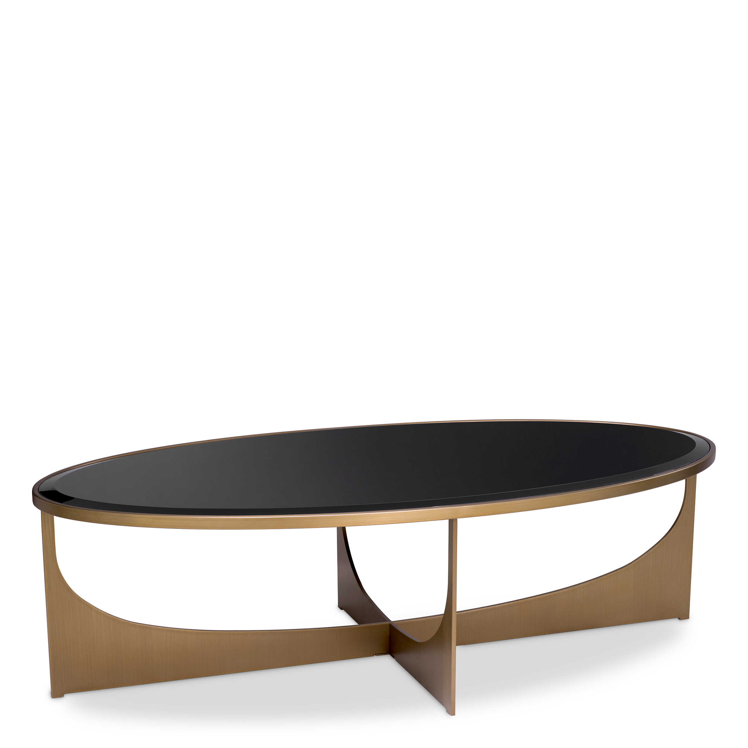 Designer oval Coffee Table Elegance by Eichholtz in brushed brass finish with bevelled black glass