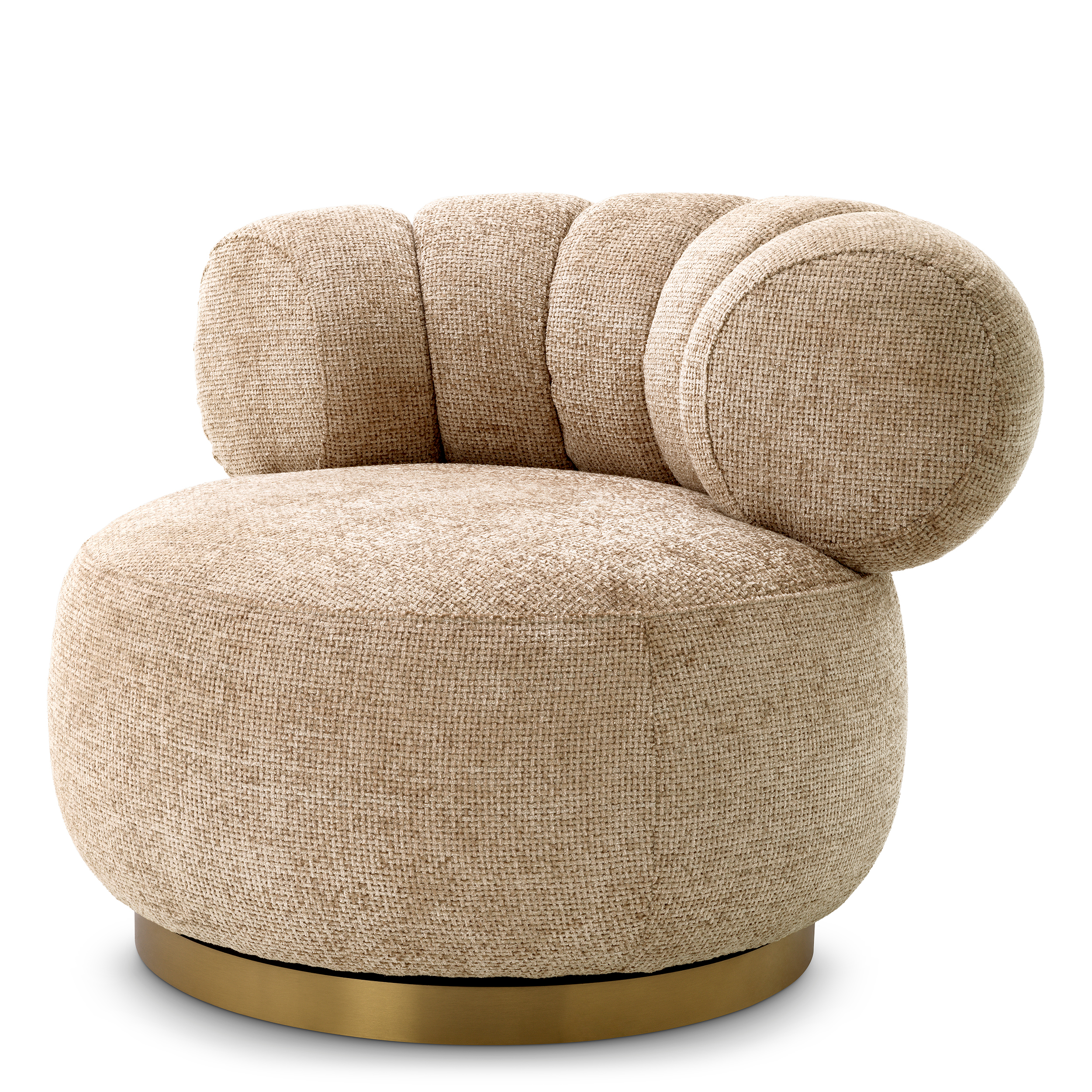 Occasional Designer Swivel Chair Phedra by Eichholtz in lyssa sand finish with a brushed brass finish swivel base