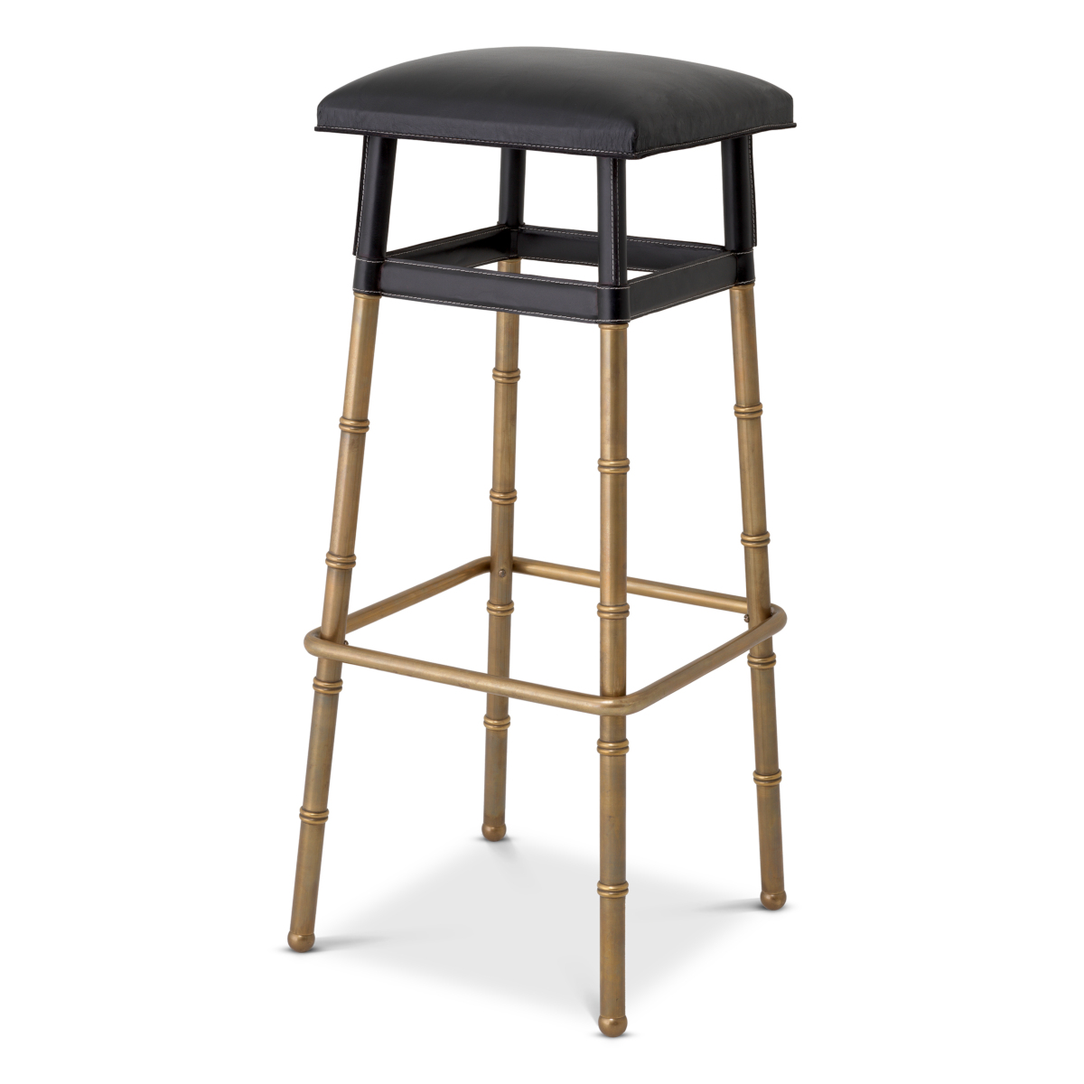 Designer Bar Stool Princess by Eichholtz in vintage brass finish with black leather seating