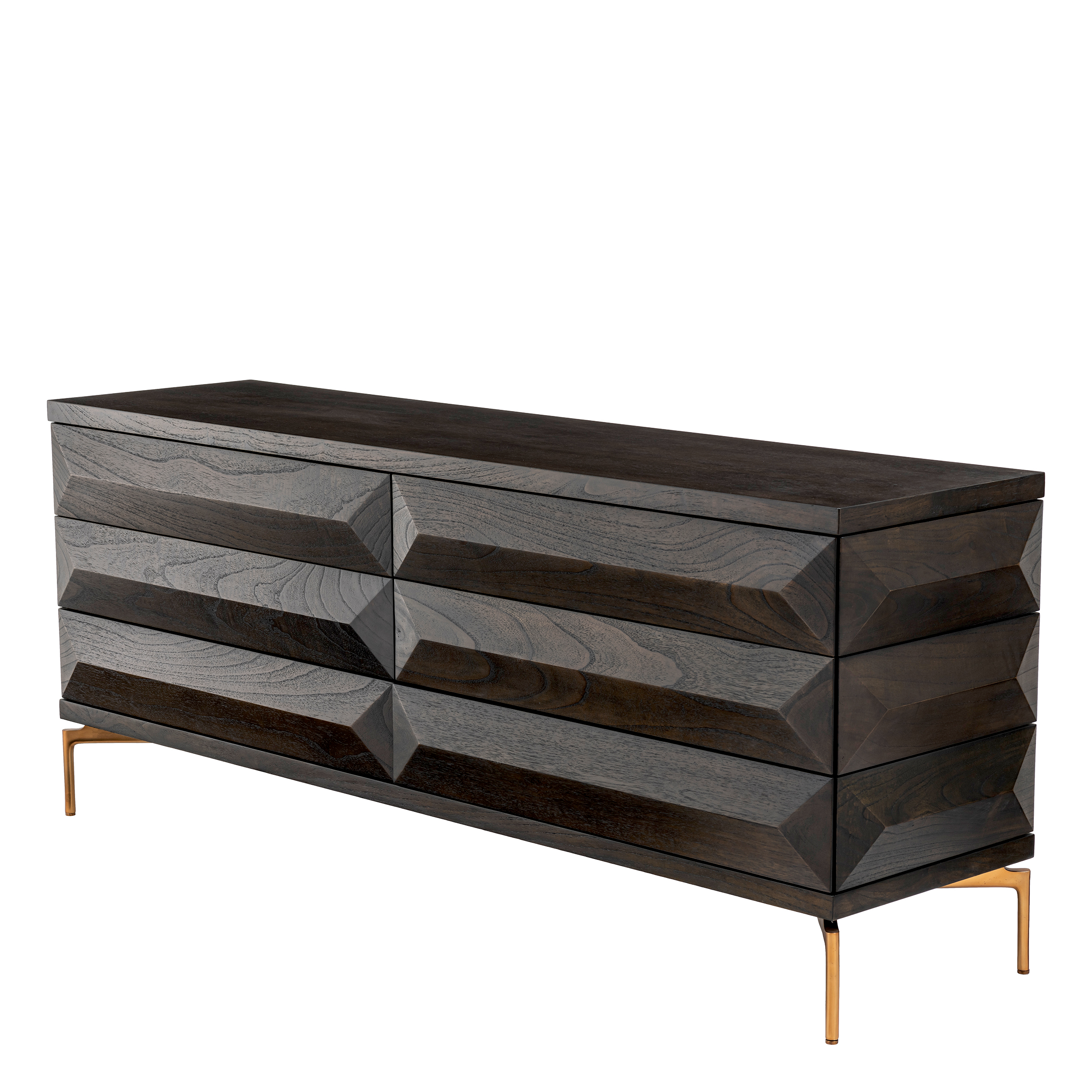 Designer Dresser Denver by Eichholtz in mocha oak veneer and brushed brass finished legs. Features six drawers