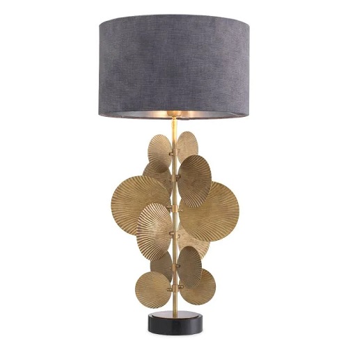 Table Lamp Mito by Eichholtz in vintage brass finish with black granite base includes grey rib shade