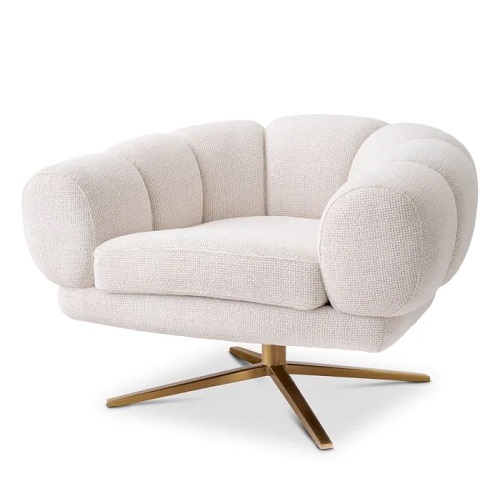 Luxurious designer Swivel Chair Sunset by Eichholtz in Lyssa off-white upholstery and a brushed brass finish swivel base