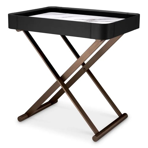Designer Butler Tray Monarch by Eichholtz features genuine black leather and a foldable bronze finish stand and a white marble-look sintered stone top.
