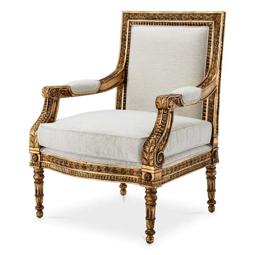 The neoclassical designed Chair Louis by Eichholtz in antique gold finish with sentier cream upholstery