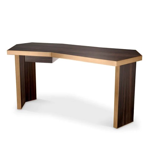 Designer Desk Xenon by Eichholtz in high gloss smoked eucalyptus veneer and brushed brass