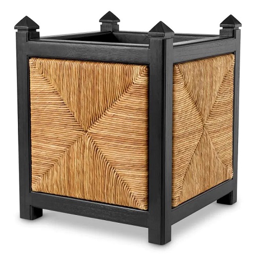 Designer Planter Aruba by Eichholtz in classic black finish with natural sea grass rush
