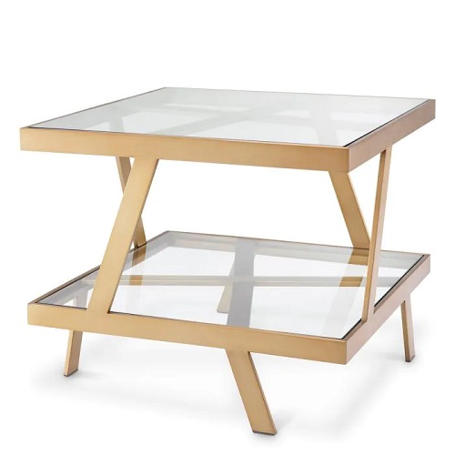 Square designer Side Table Billinghurst by Eichholtz in brushed brass finish with a clear glass tops