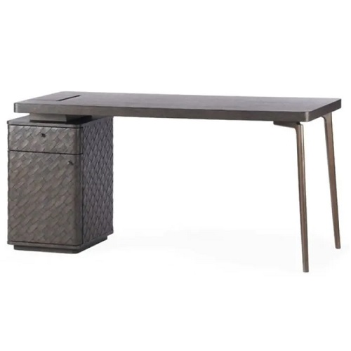 Designer Desk Fiji by Eichholtz in woven oak veneer with a bronze finish. Feature one drawer and one shelf for storage